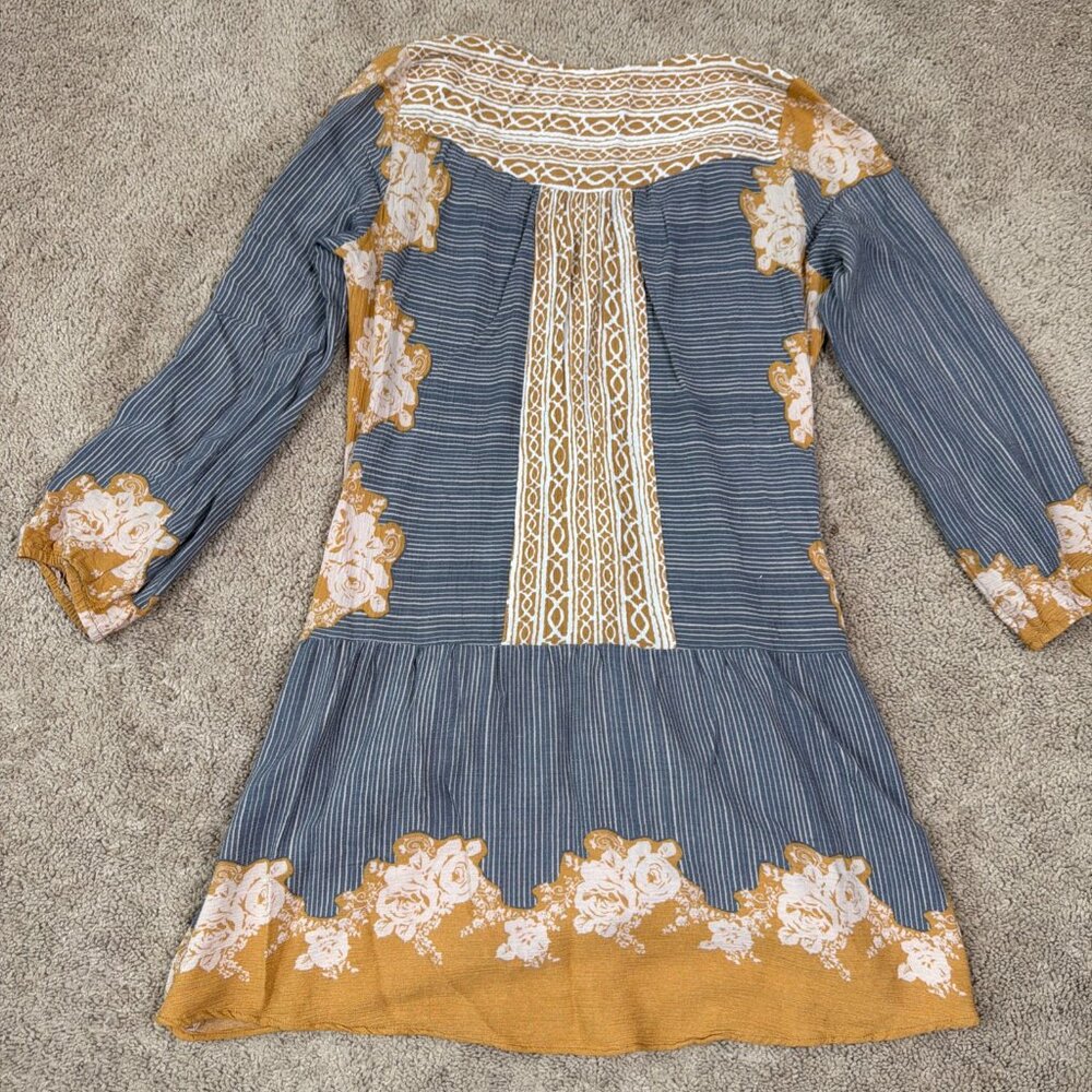 Free People Mini Dress Womens M Blue Gold Bohemian Lightweight Pockets Tunic Top - Picture 7 of 7